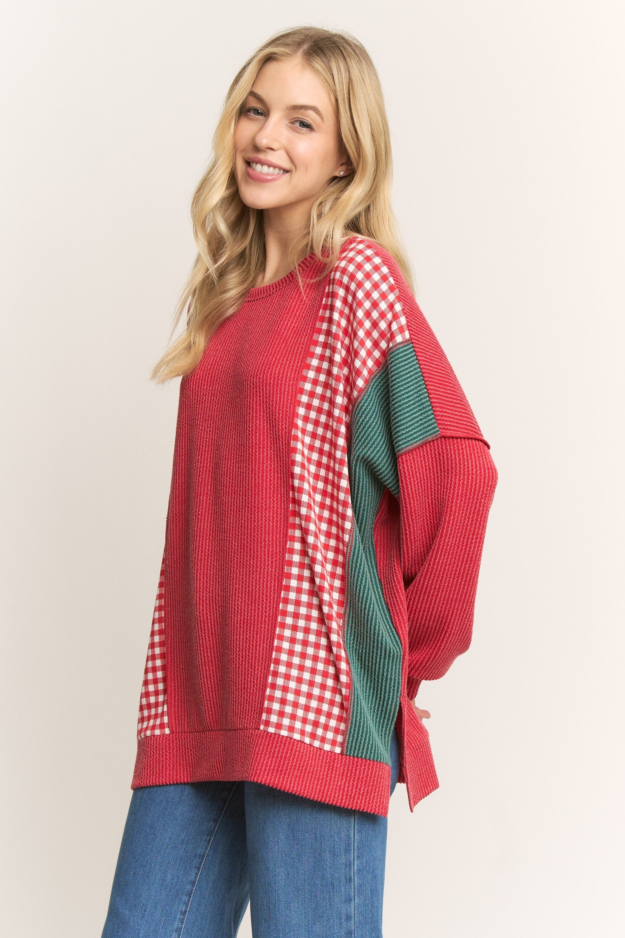HEIMISH Contrasting Ribbed Knit Top in Red