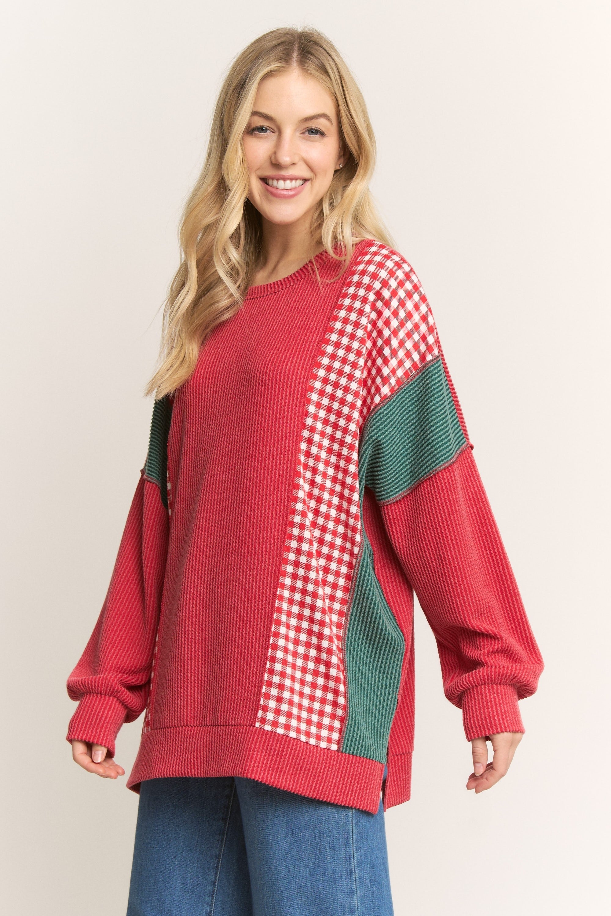 HEIMISH Contrasting Ribbed Knit Top in Red