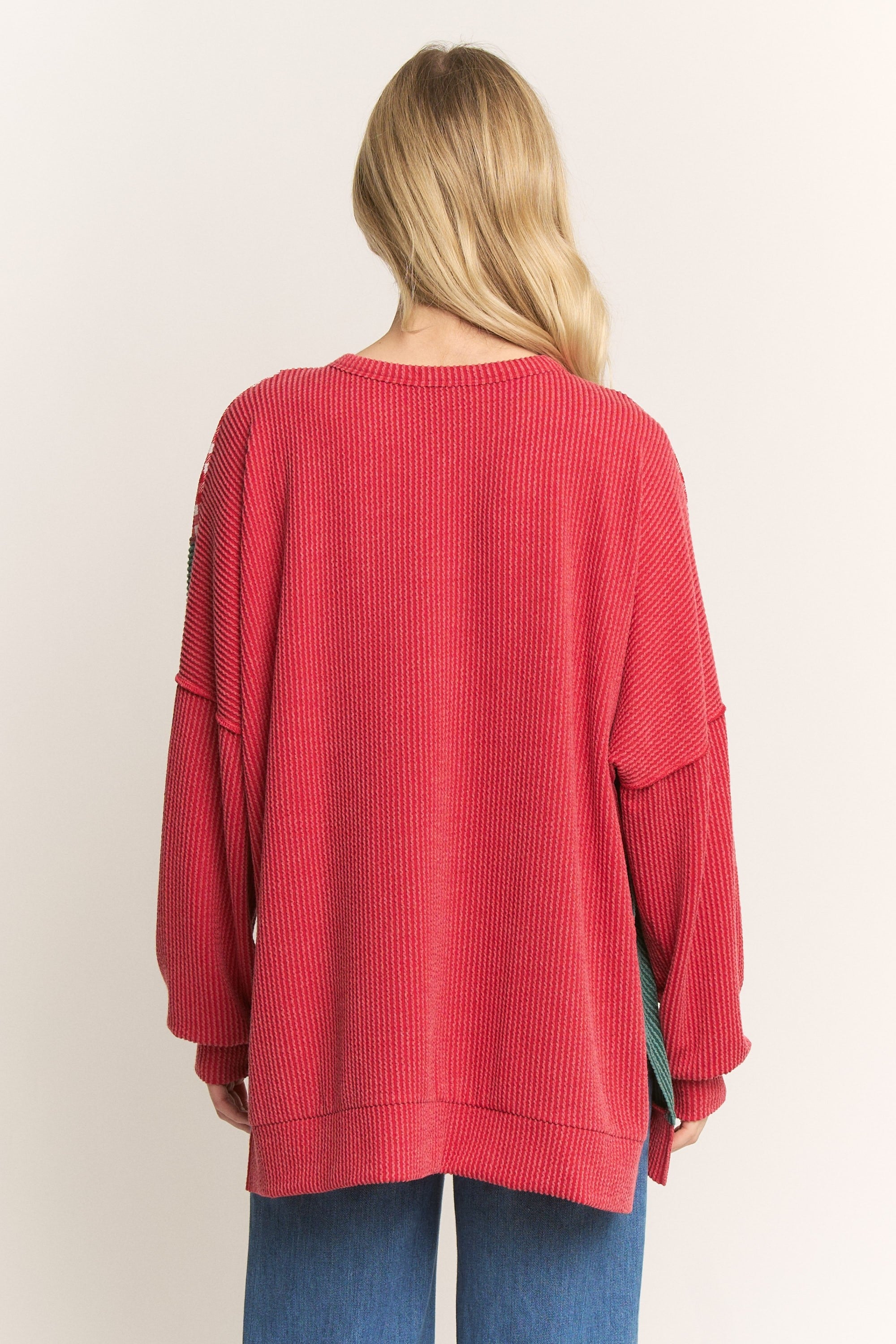 HEIMISH Contrasting Ribbed Knit Top in Red