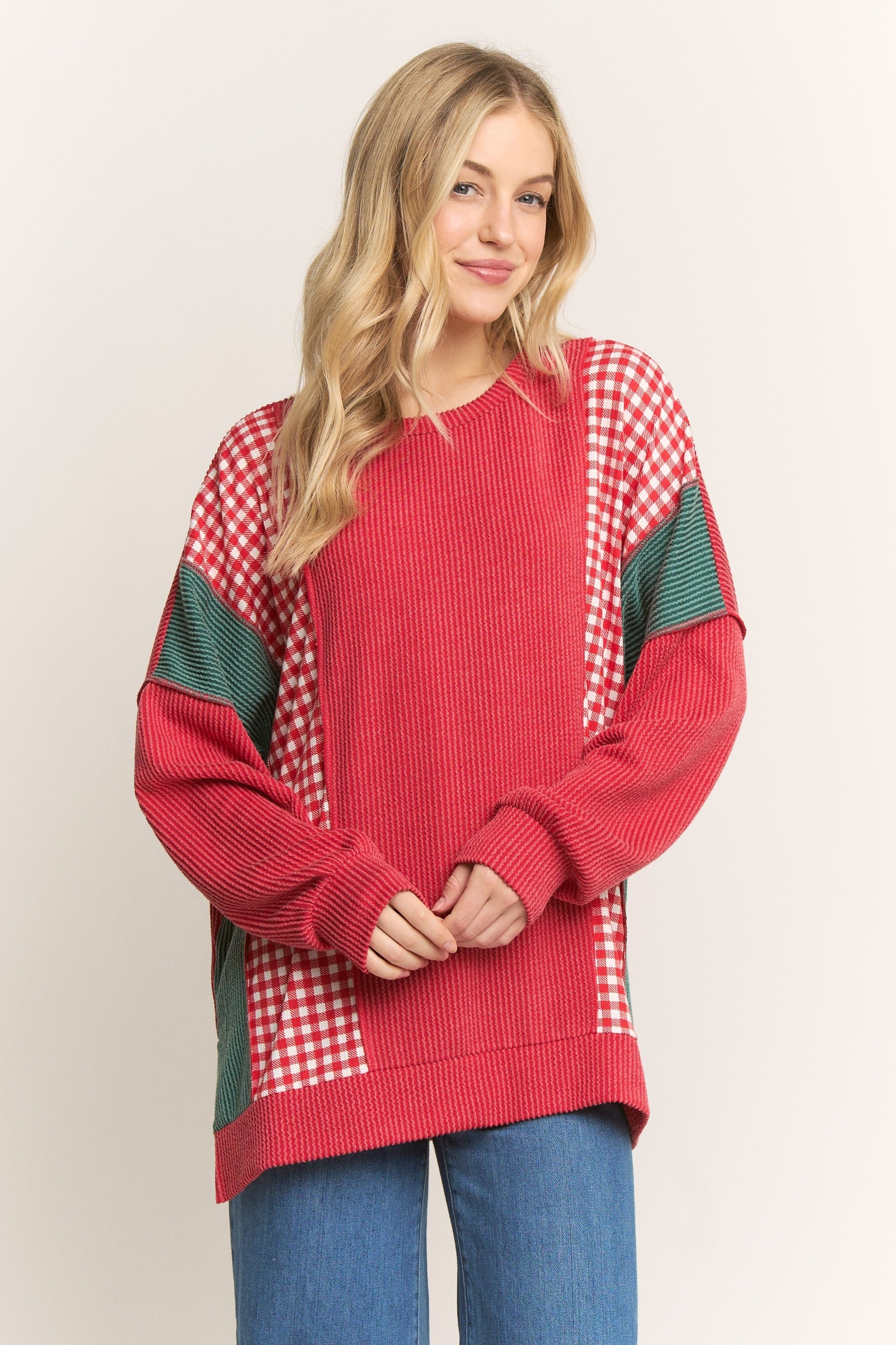 HEIMISH Contrasting Ribbed Knit Top in Red