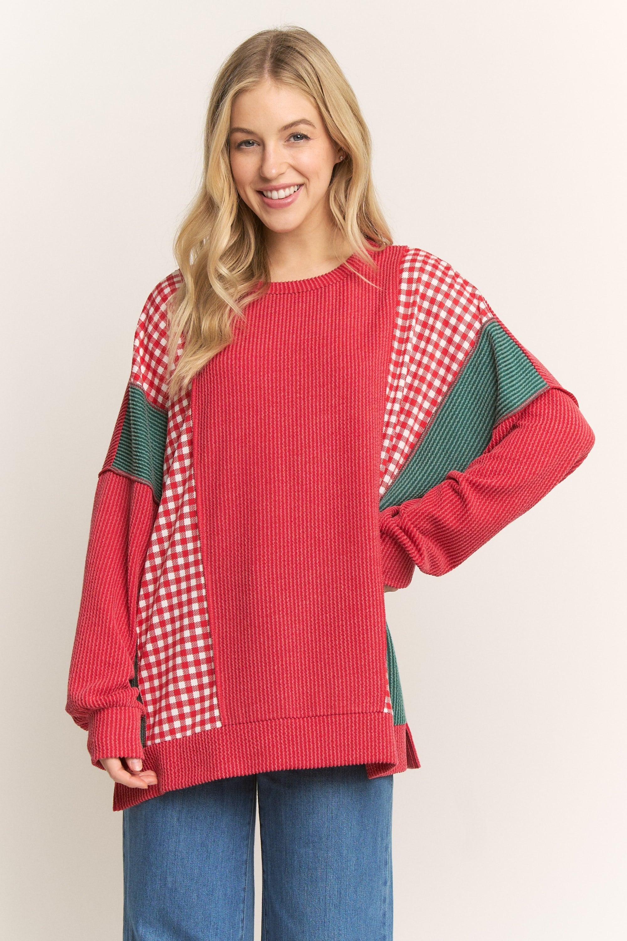 HEIMISH Contrasting Ribbed Knit Top in Red