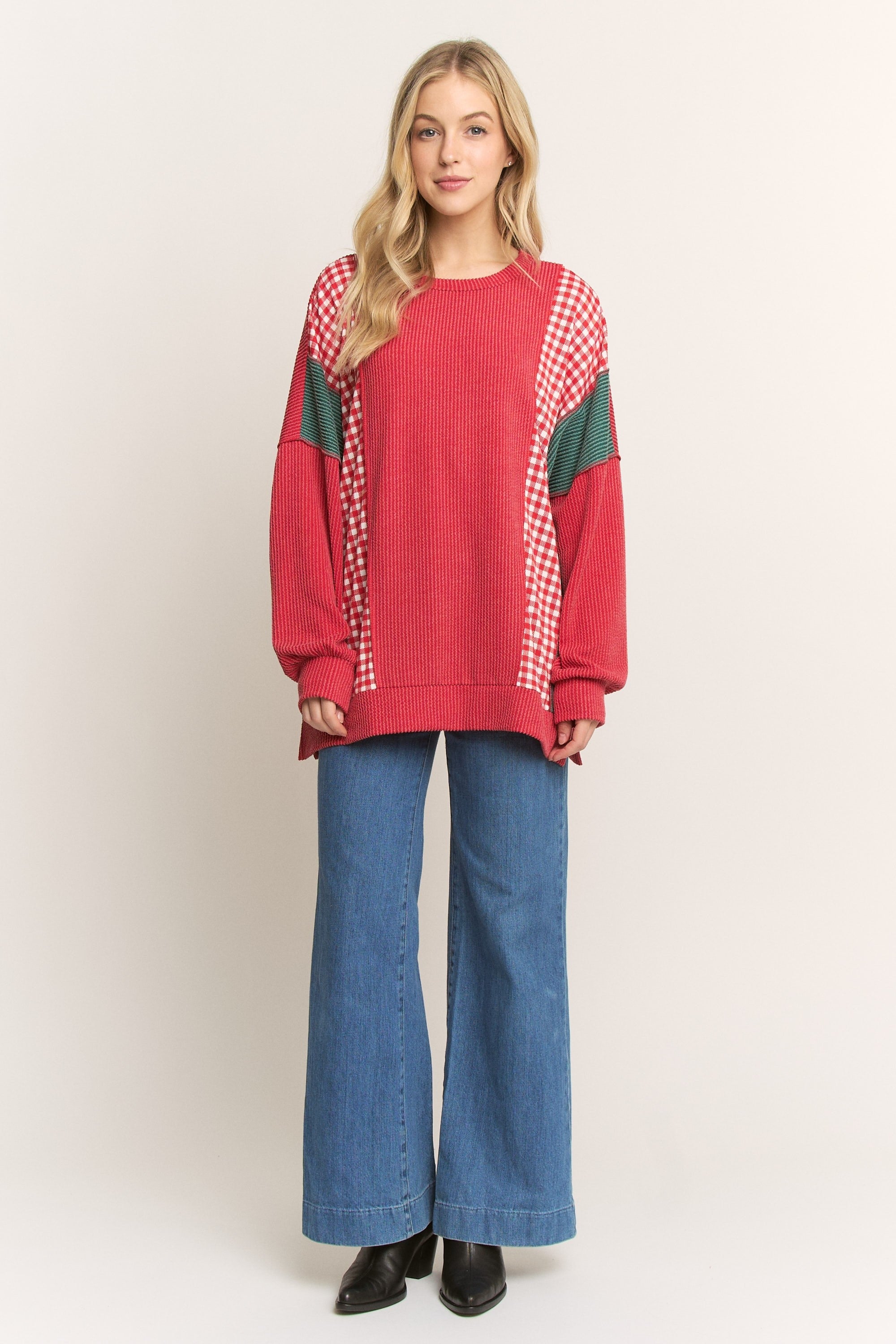 HEIMISH Contrasting Ribbed Knit Top in Red