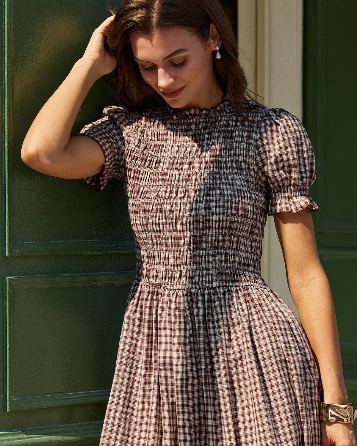 Coffee Plaid Shirred Puffed Sleeve Midi Dress