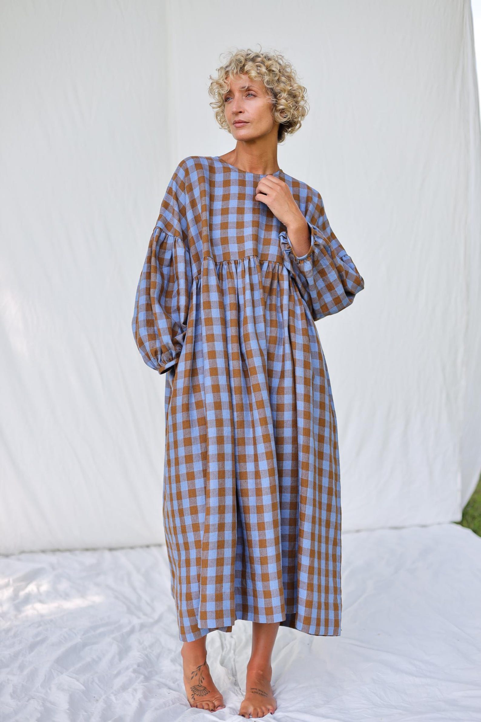 Blue & Brown Gingham Oversized Linen-Blend Midi Dress