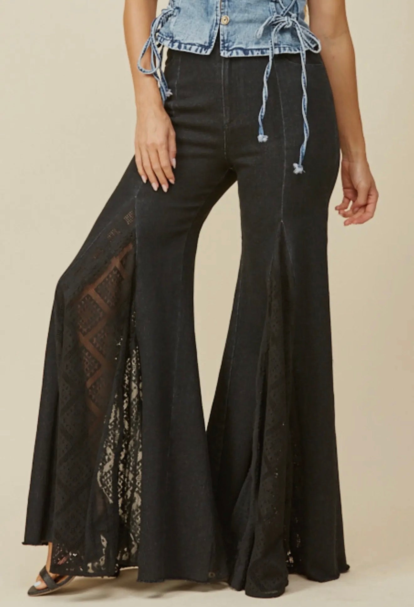 Black Denim Lace Detail Wide Leg Jeans