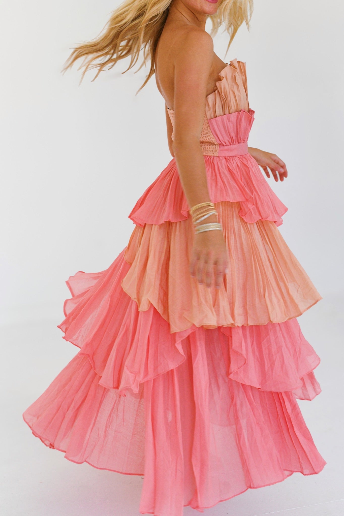 Lola Pleated Ruffle Maxi Dress - Coral Multi