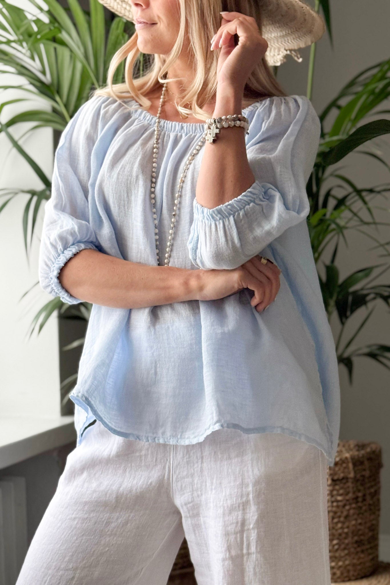 Light Blue Washed Linen Top
