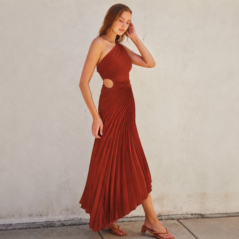Rust One-Shoulder Pleated Asymmetrical Midi Dress