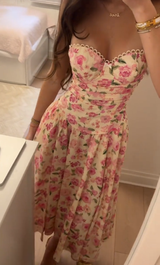 Ivory Base Pink Rose Floral Corset Bustier Midi Dress