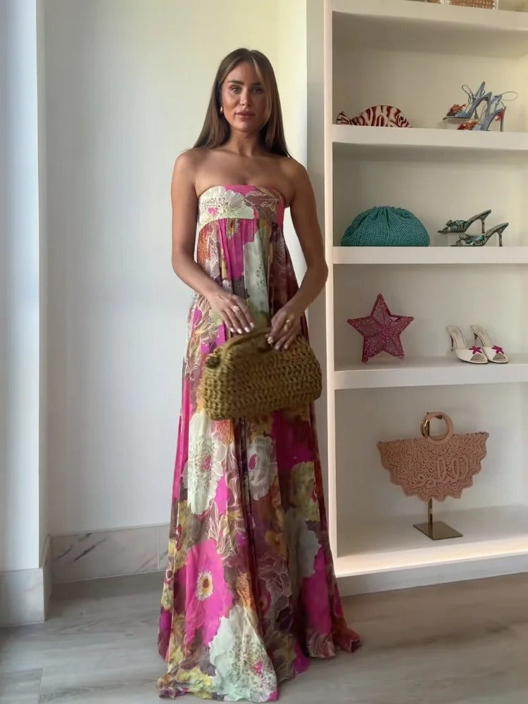 Strapless Floral Chiffon Maxi Dress