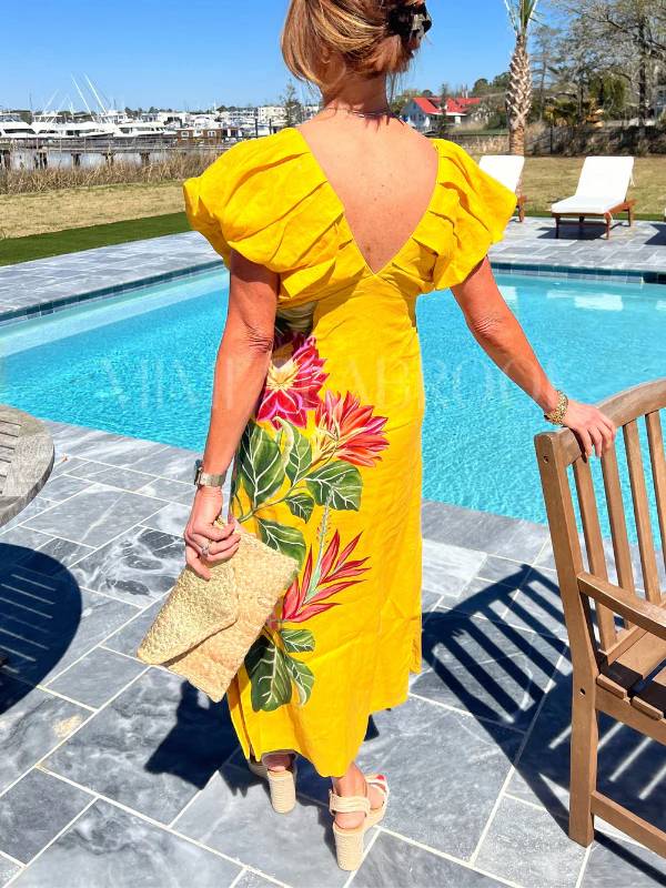 V-neck Pleated Print Dress