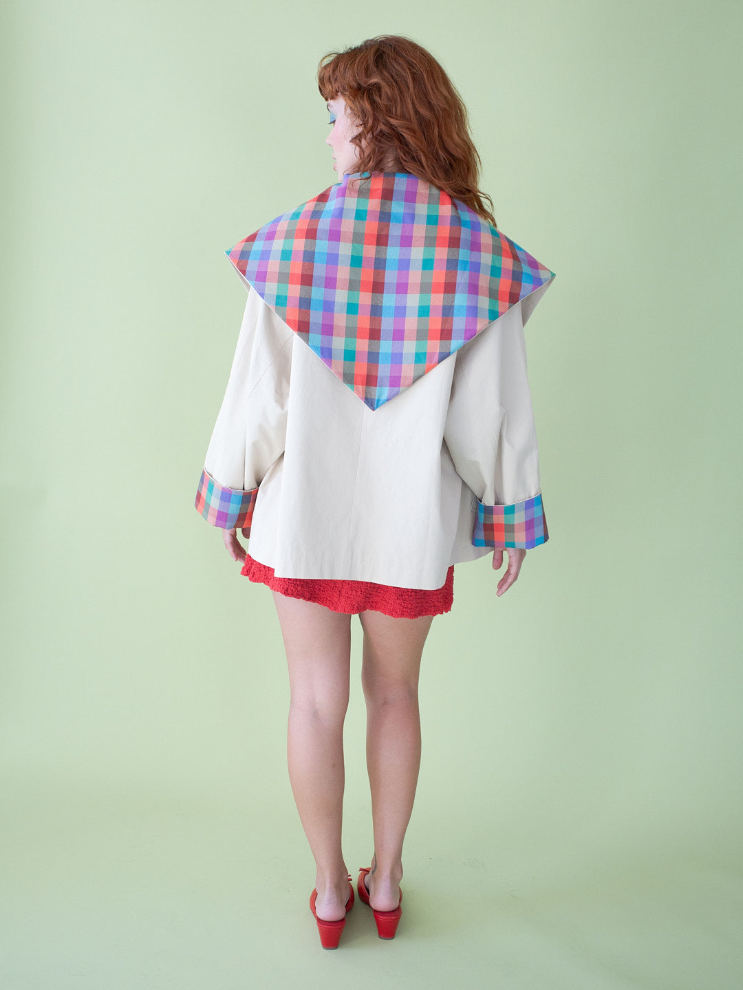 Contrast Rainbow Plaid Sailor Collar Bow Short Jacket