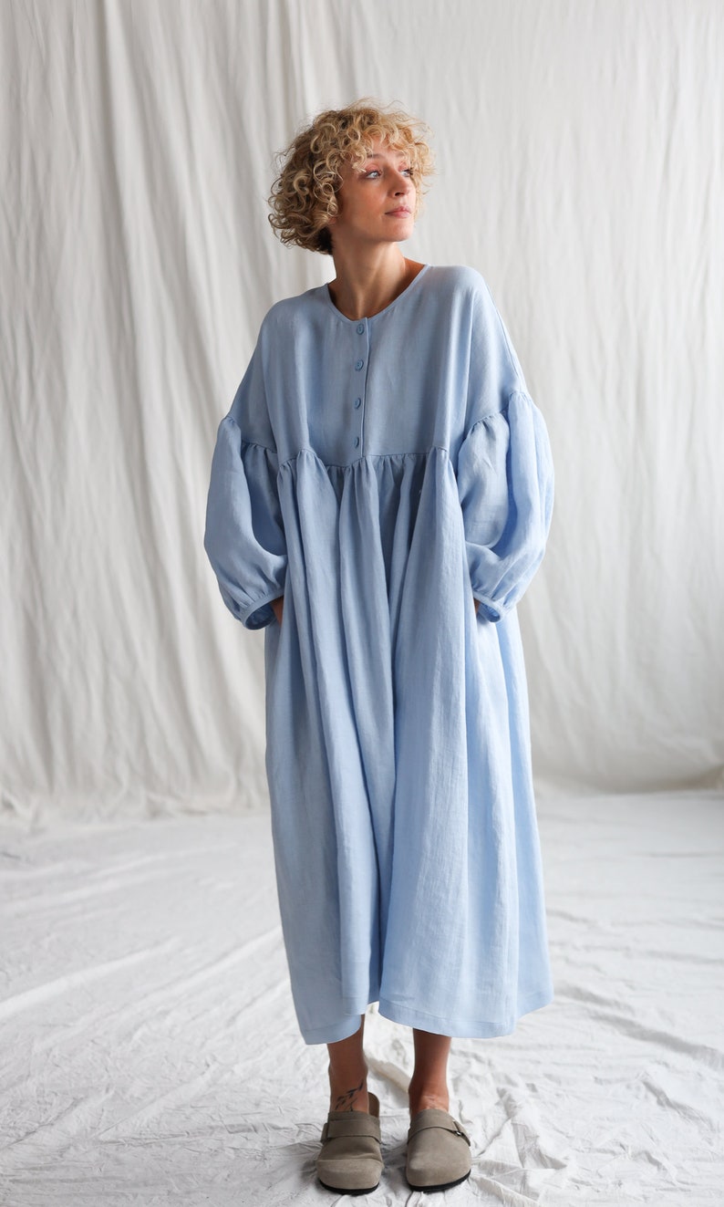 Light Blue Oversized Linen-Blend Midi Dress
