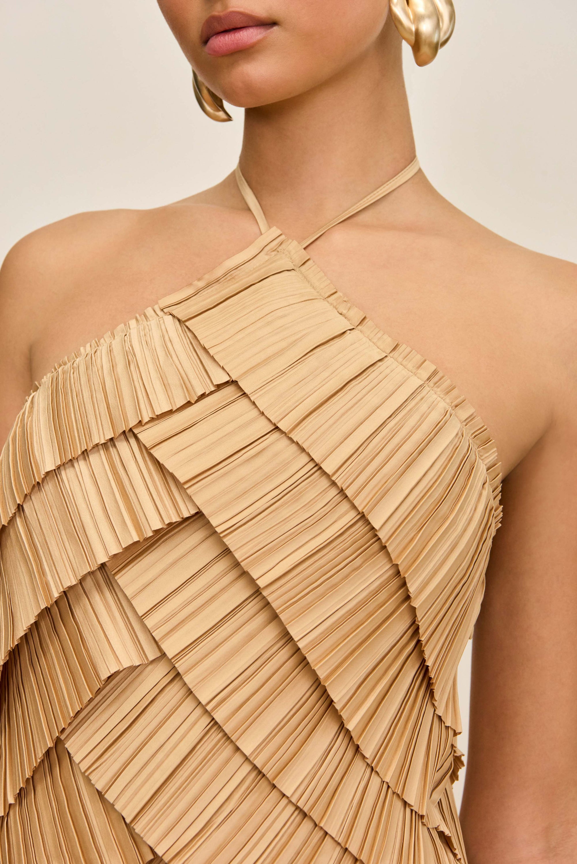 Sky Blue Pleated Halter Midi Dress