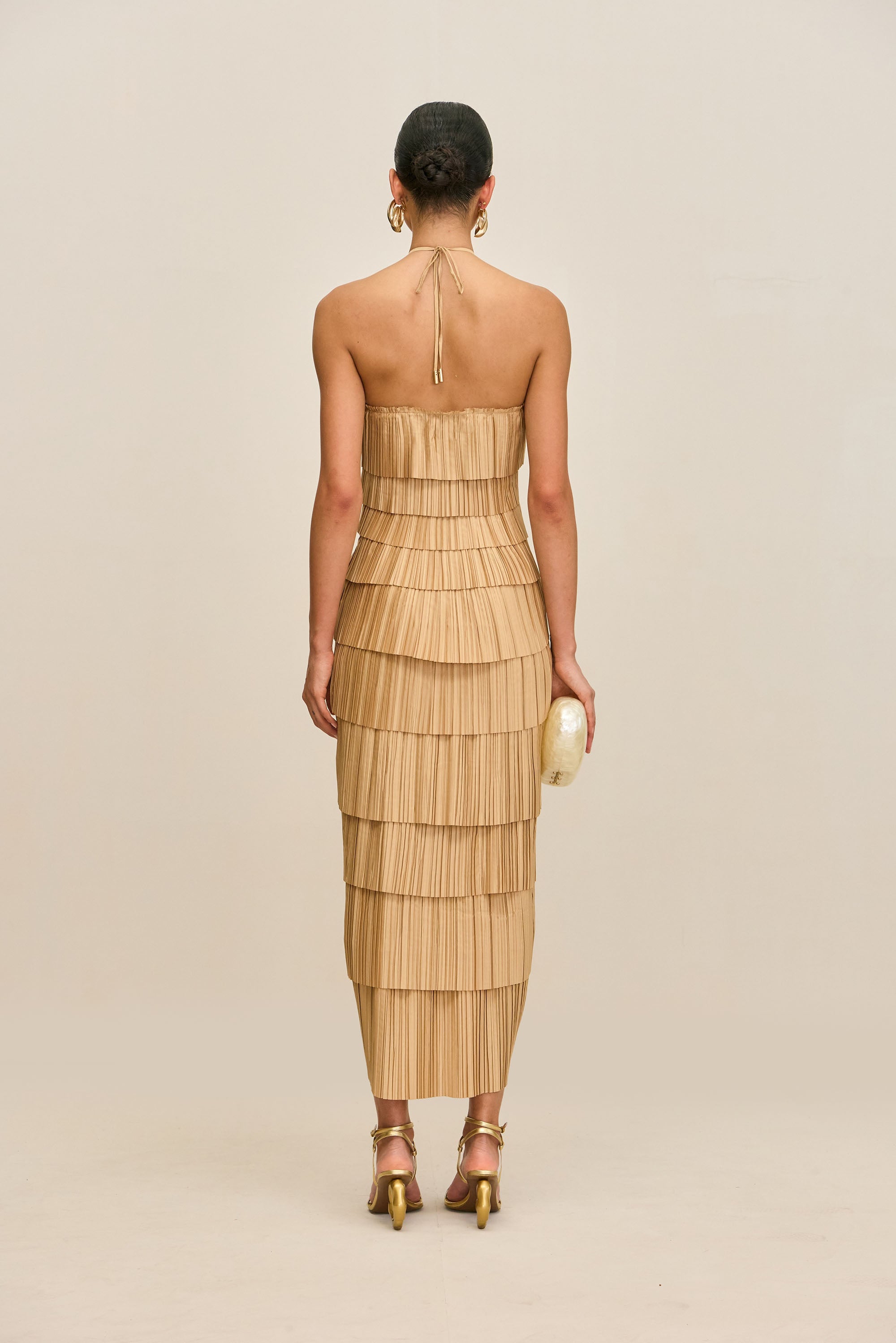 Sky Blue Pleated Halter Midi Dress