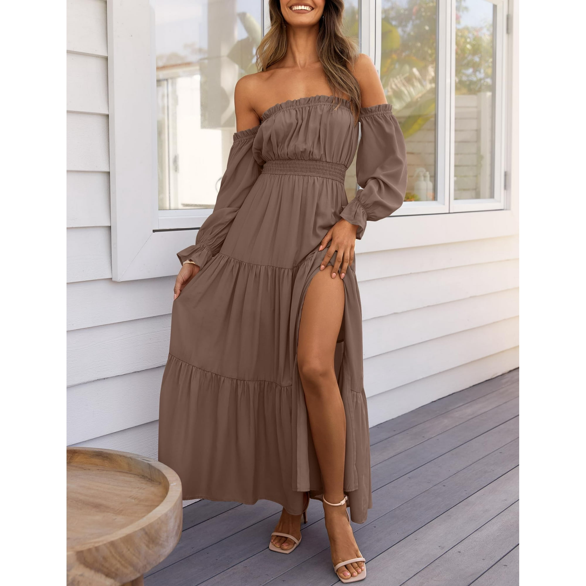 Women's Boho Off Shoulder Long Sleeve Smocked Side
