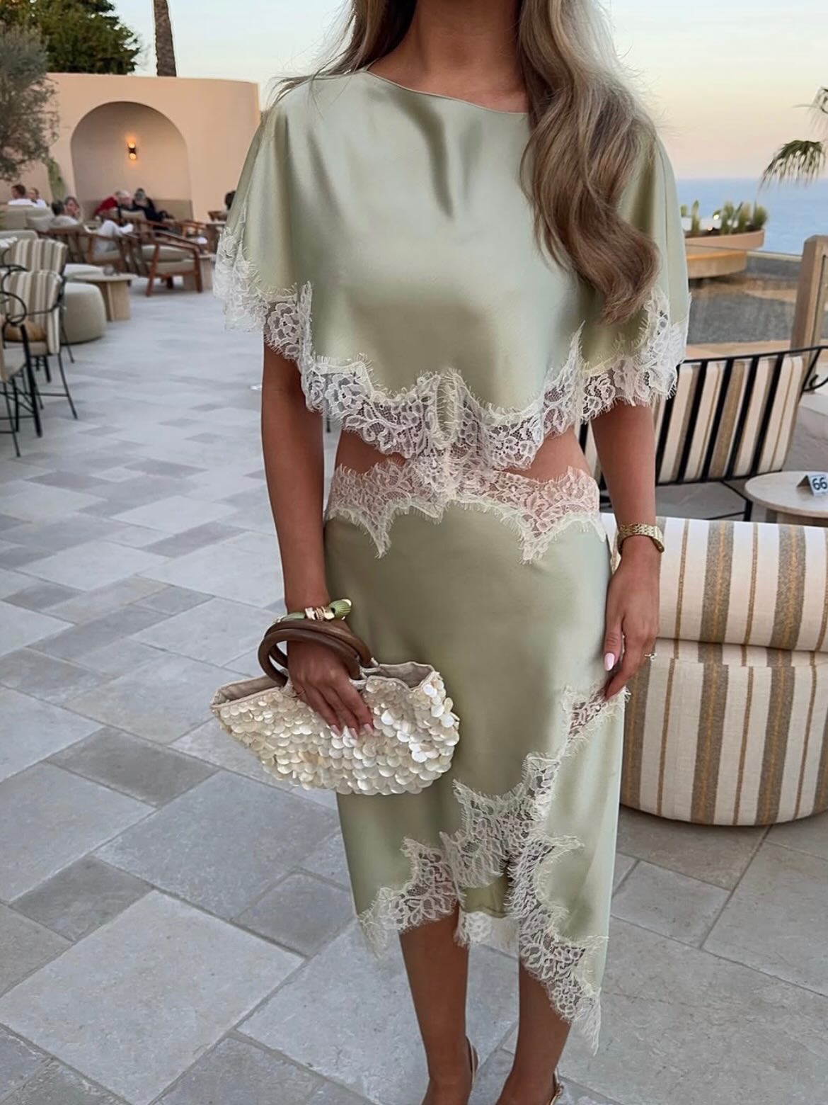 Elegant Sage Green Lace Trim Satin set
