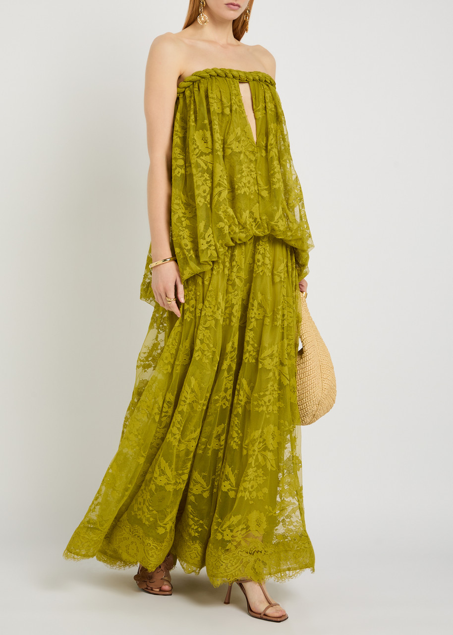 Olive Green Strapless Lace Maxi Dress