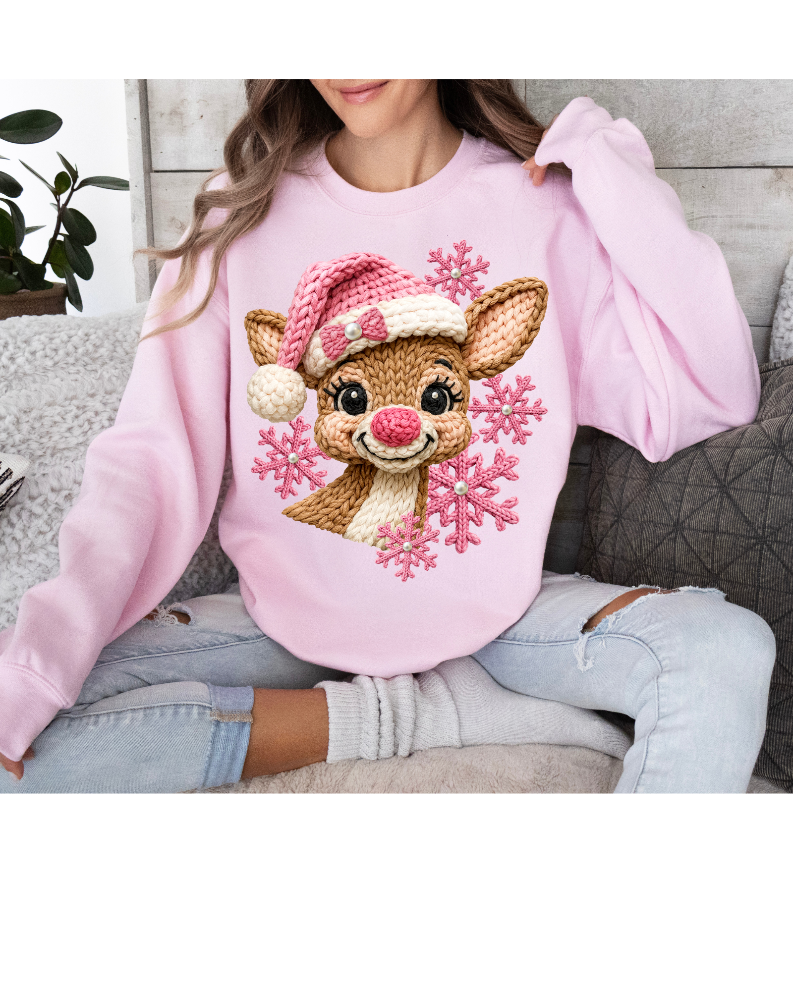 Pink Christmas, Reindeer Crochet, Crochet Snowflake holiday Sweatshirt