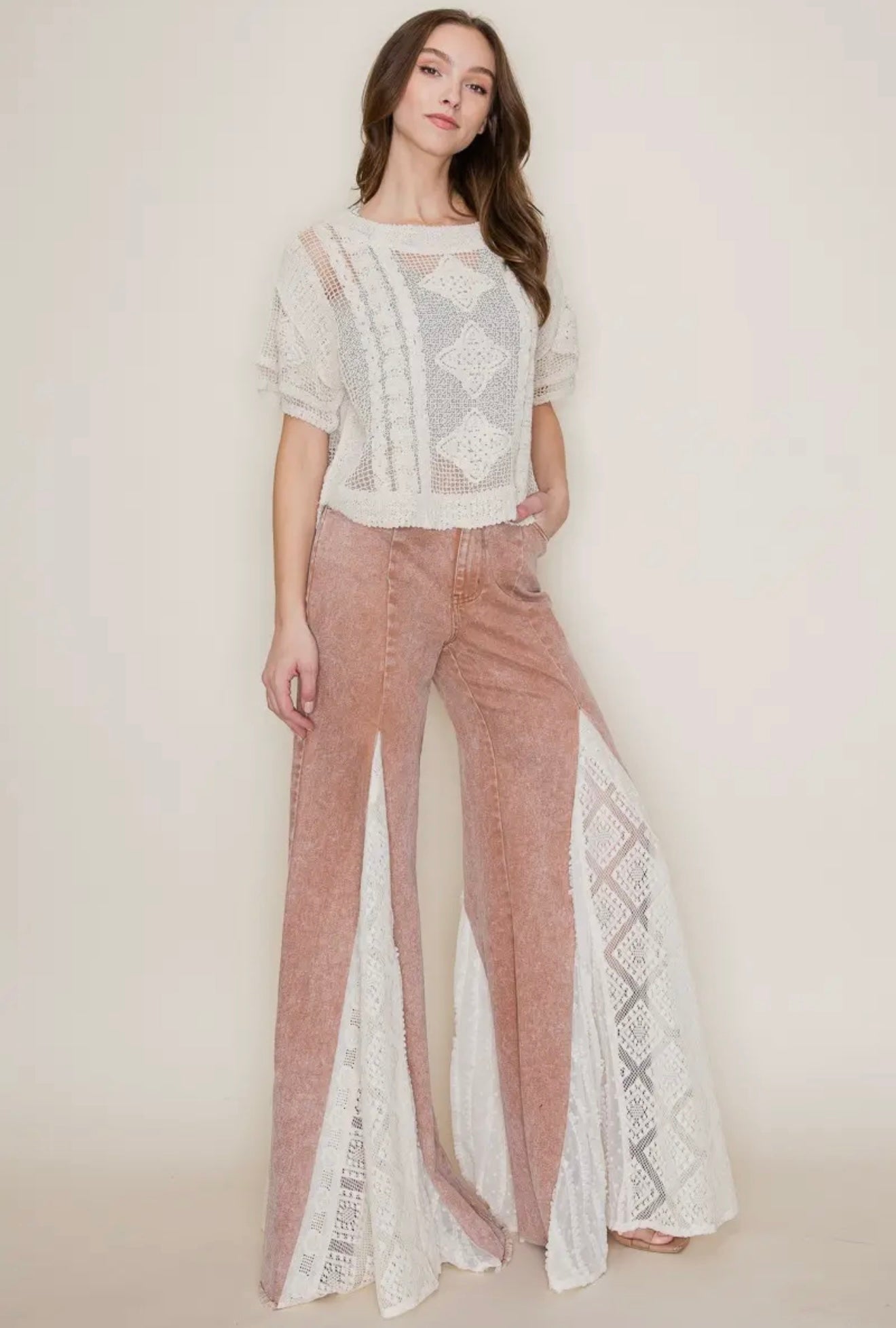 Tan Lace Detail Wide Leg Jeans