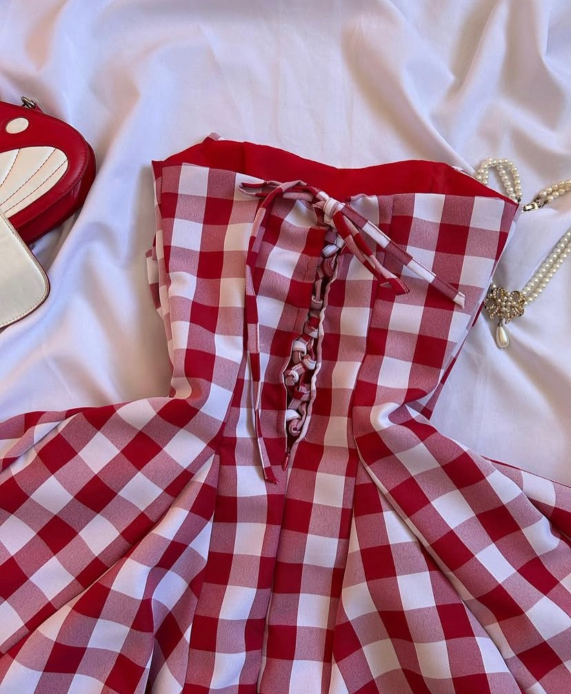 Red & White Gingham Strapless Bow-Front Puffball Dress