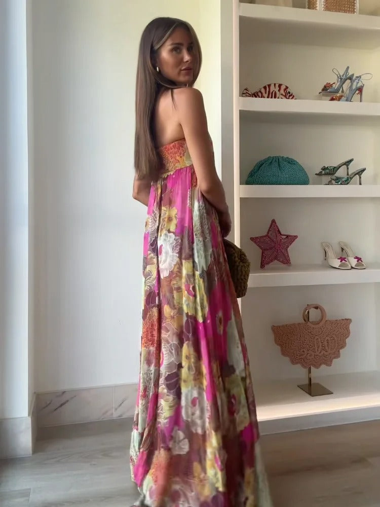 Strapless Floral Chiffon Maxi Dress