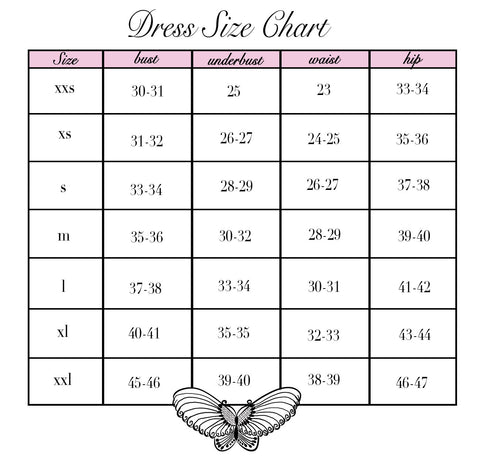 a dress size chart with butterflies