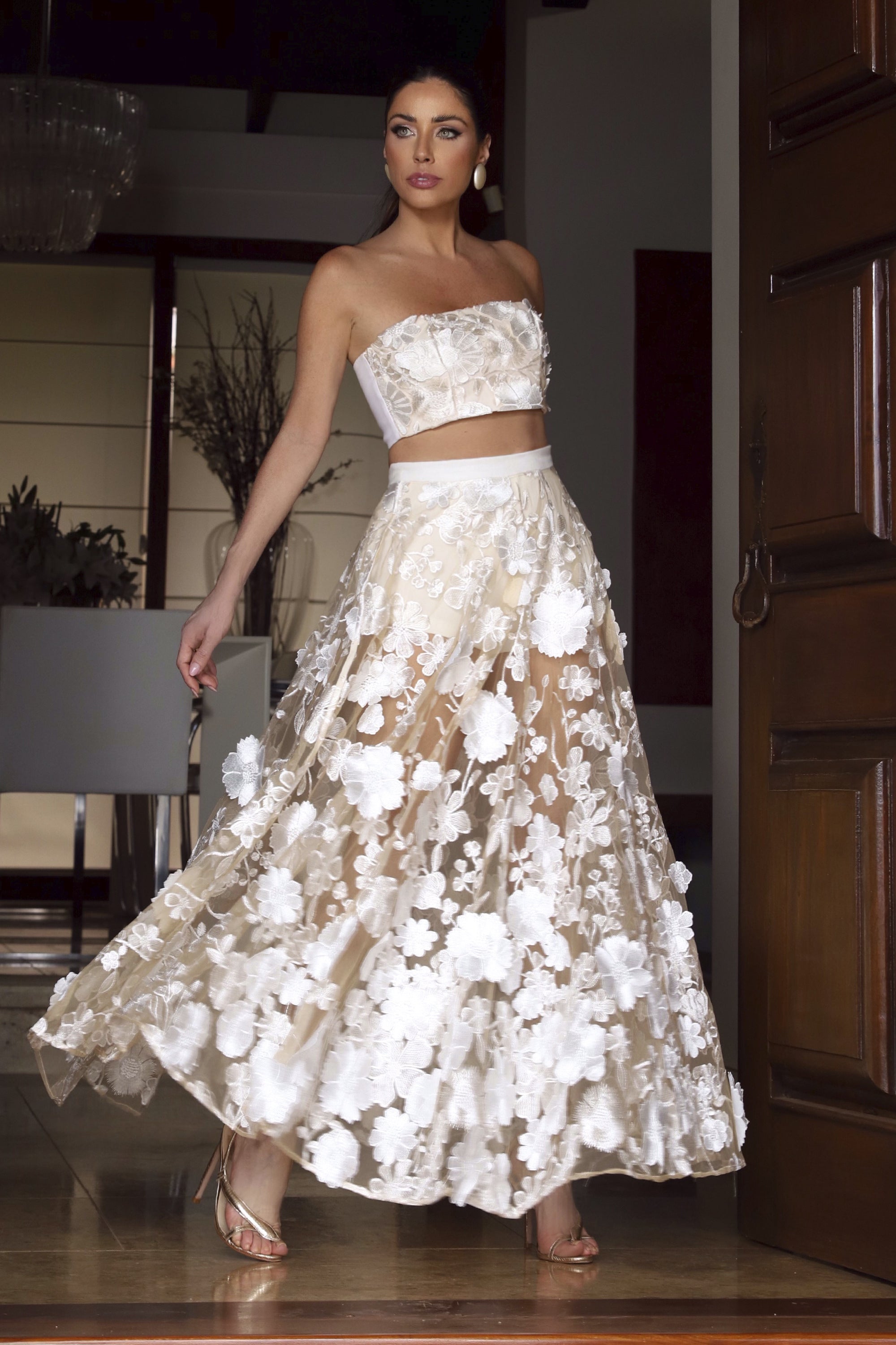 Off-white embroidered chiffon dress