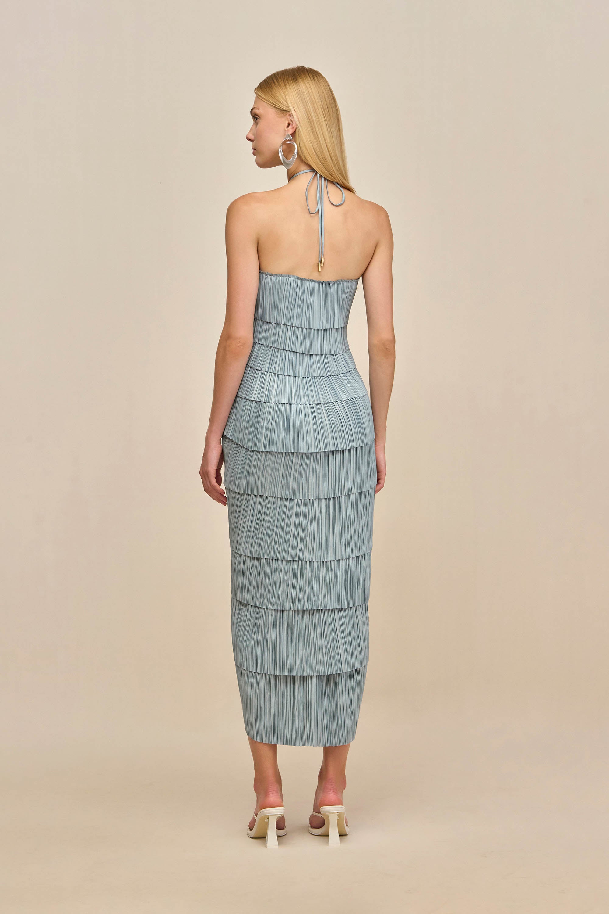 Sky Blue Pleated Halter Midi Dress