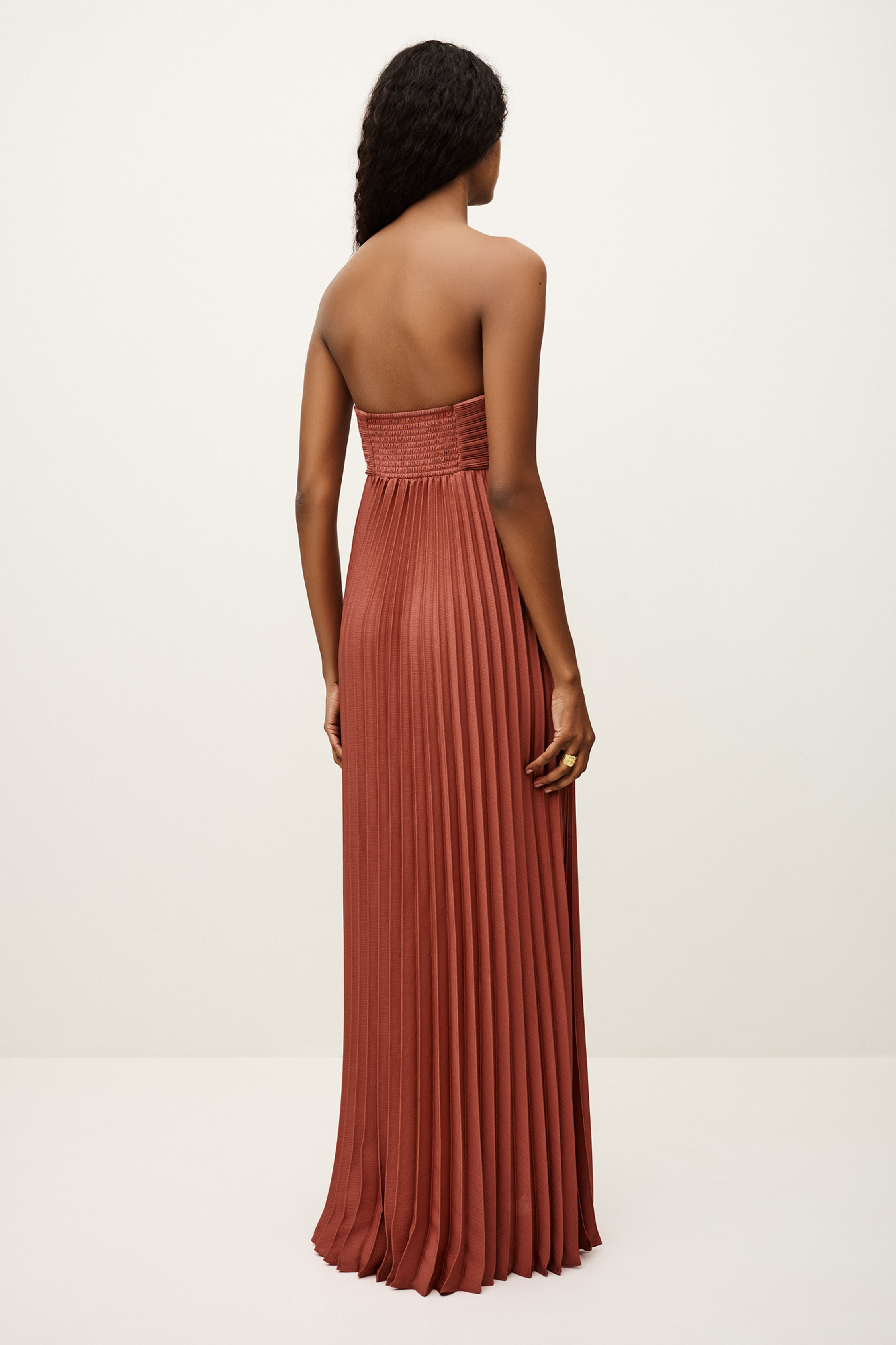Rust Strapless Pleated Maxi Dress