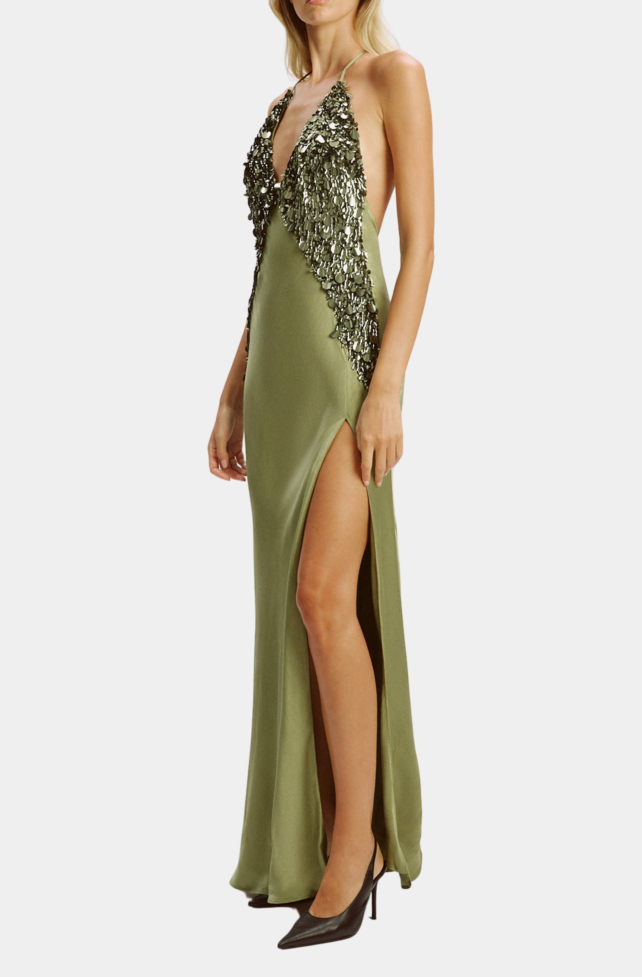 Olive Green Sequin Halter Maxi Dress