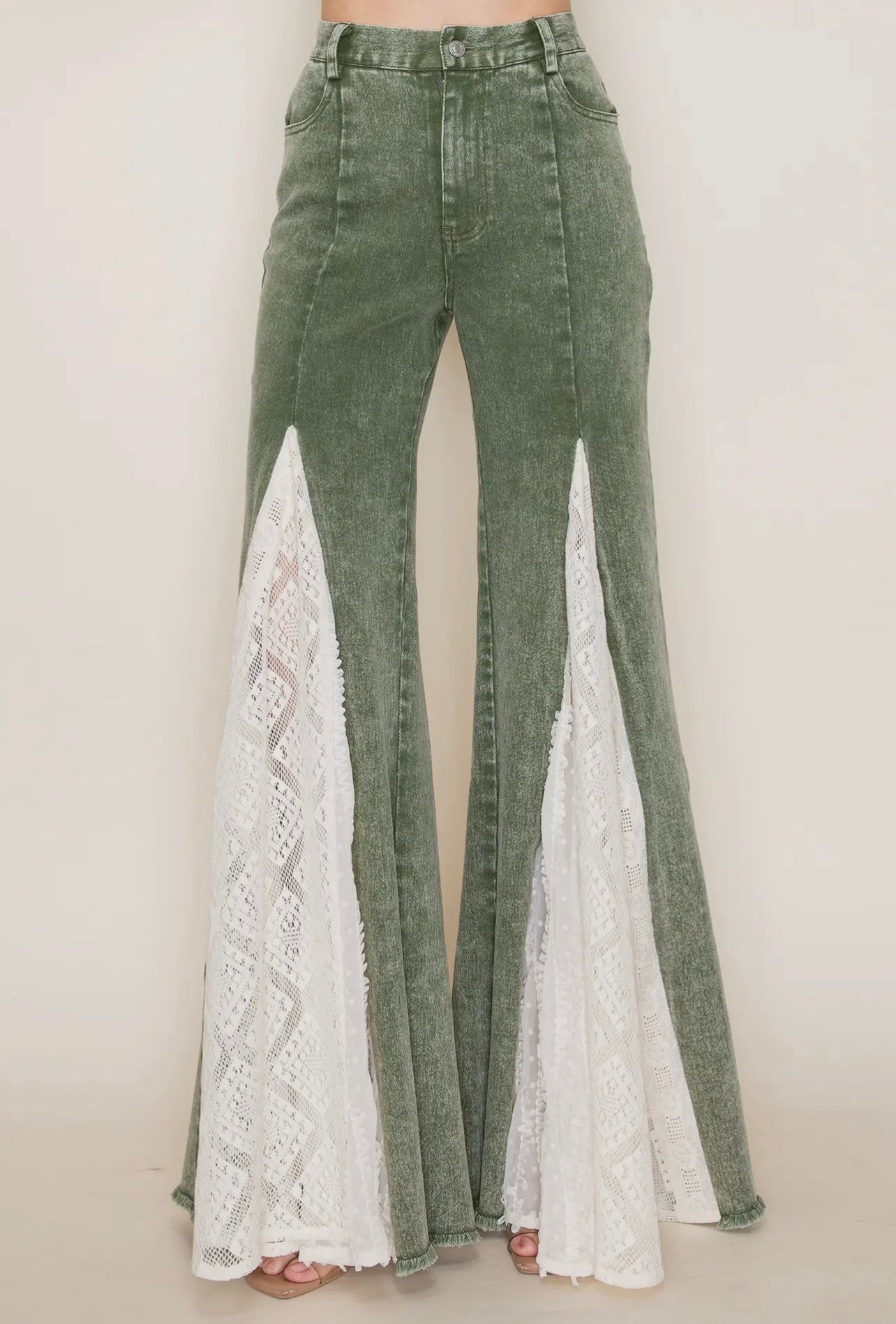 Lace Detail Wide Leg Jeans in Olive