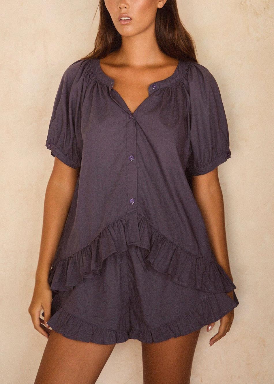 Solid color ruffled loose short sleeve shorts suit