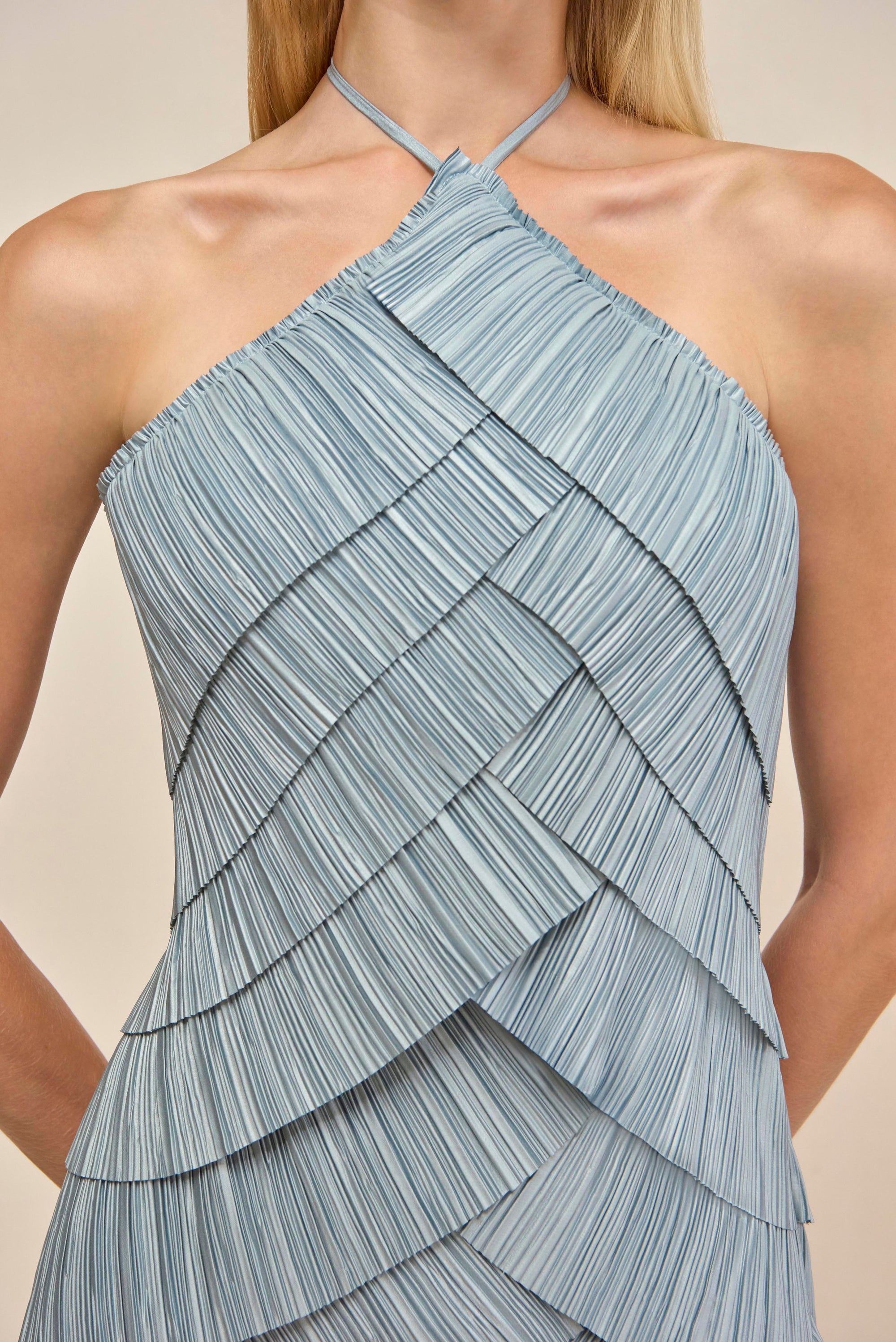 Sky Blue Pleated Halter Midi Dress