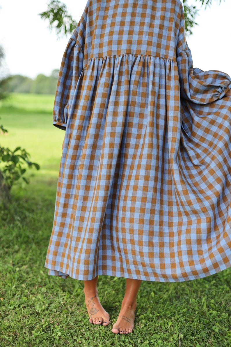 Blue & Brown Gingham Oversized Linen-Blend Midi Dress