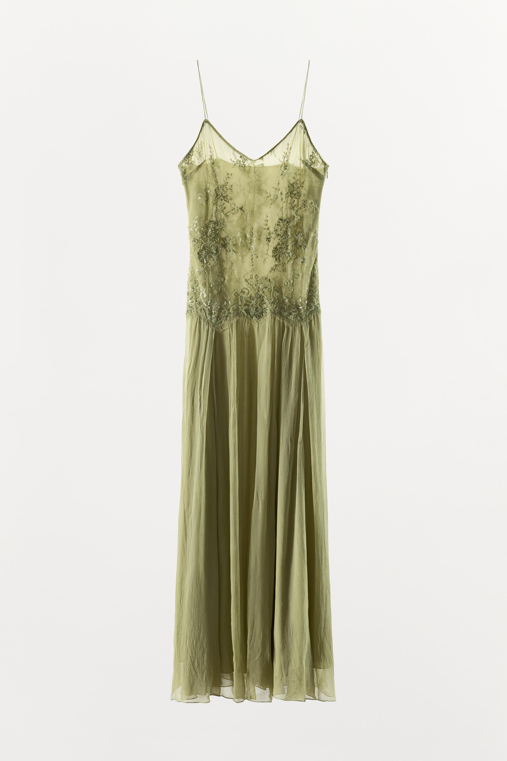 Sage Lace Embroidery Sheer Mesh Flowy Chiffon Midi Dress