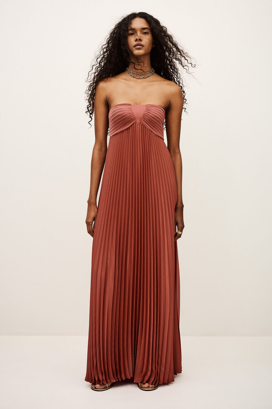 Rust Strapless Pleated Maxi Dress