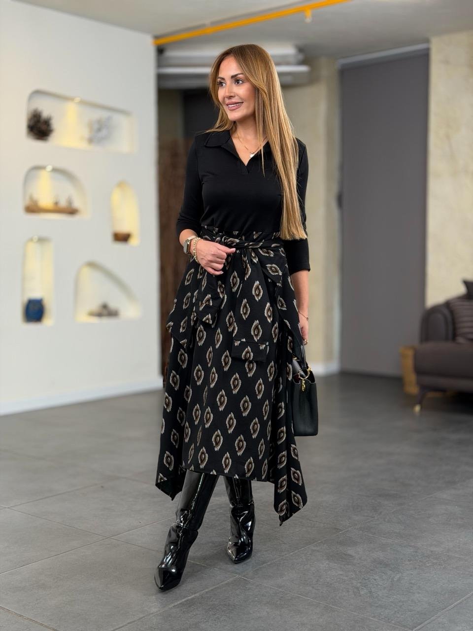 Authentic Pattern Belted Coffee Dress