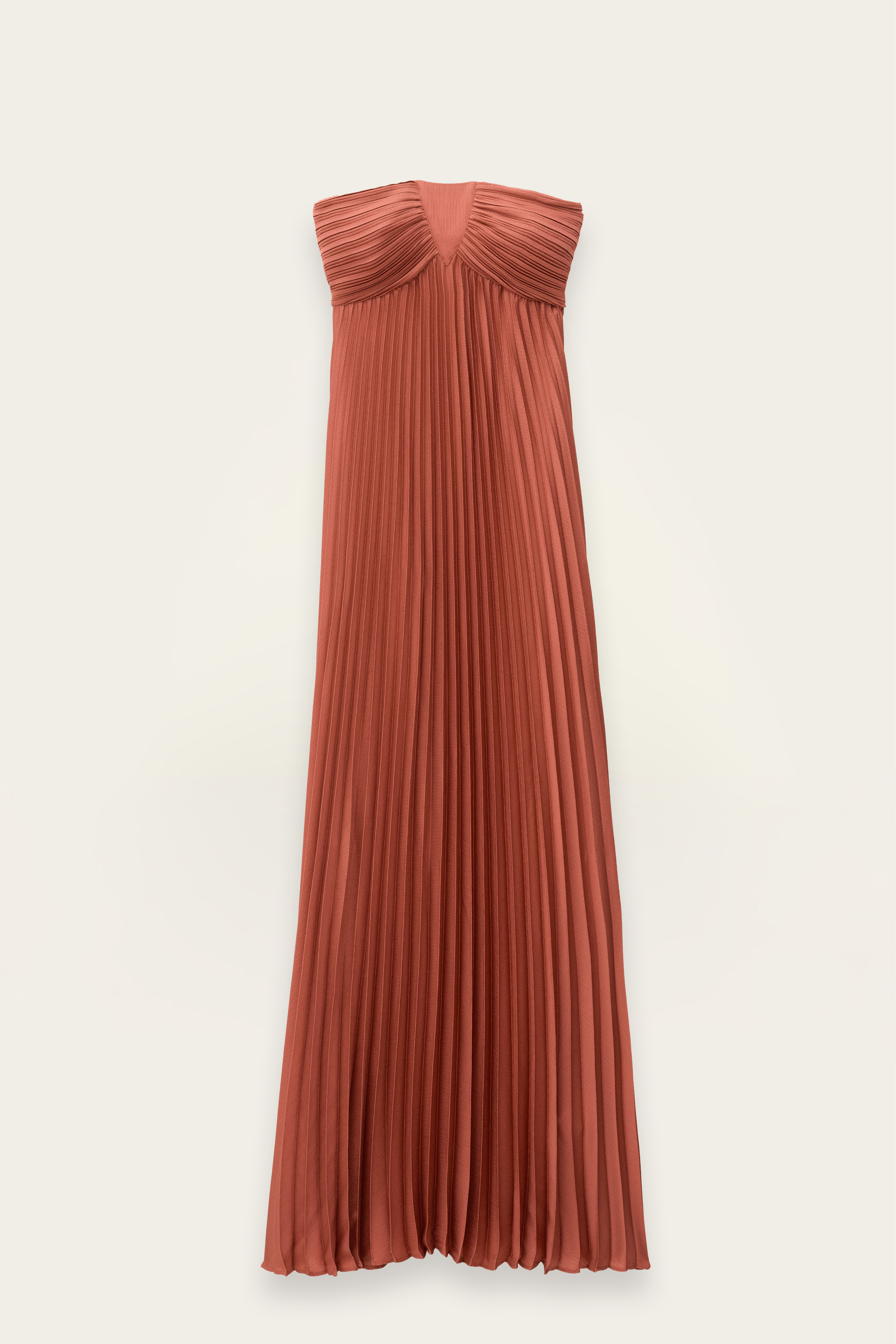 Rust Strapless Pleated Maxi Dress