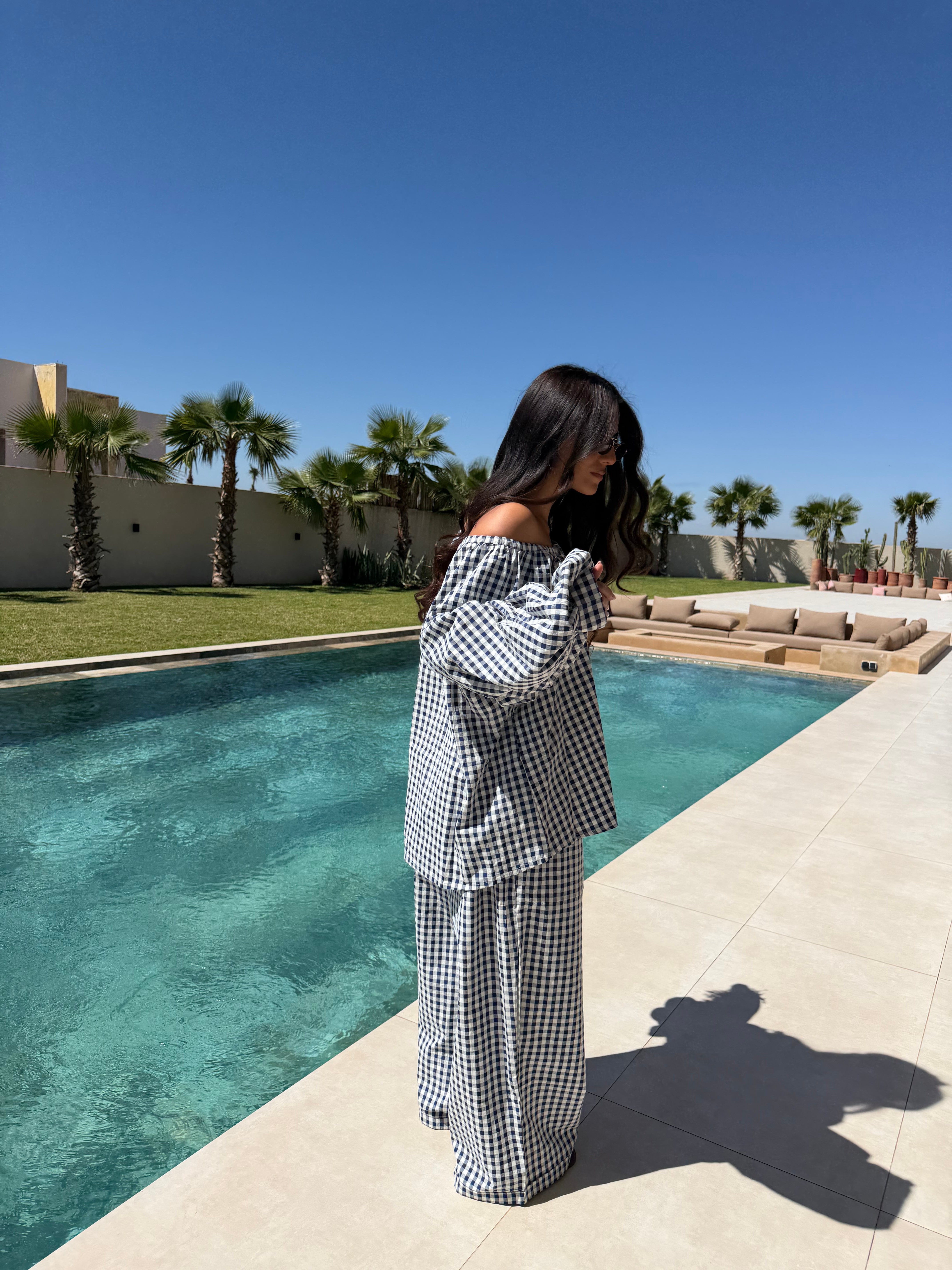 Gingham Off-Shoulder Linen-Blend 2-Piece Set