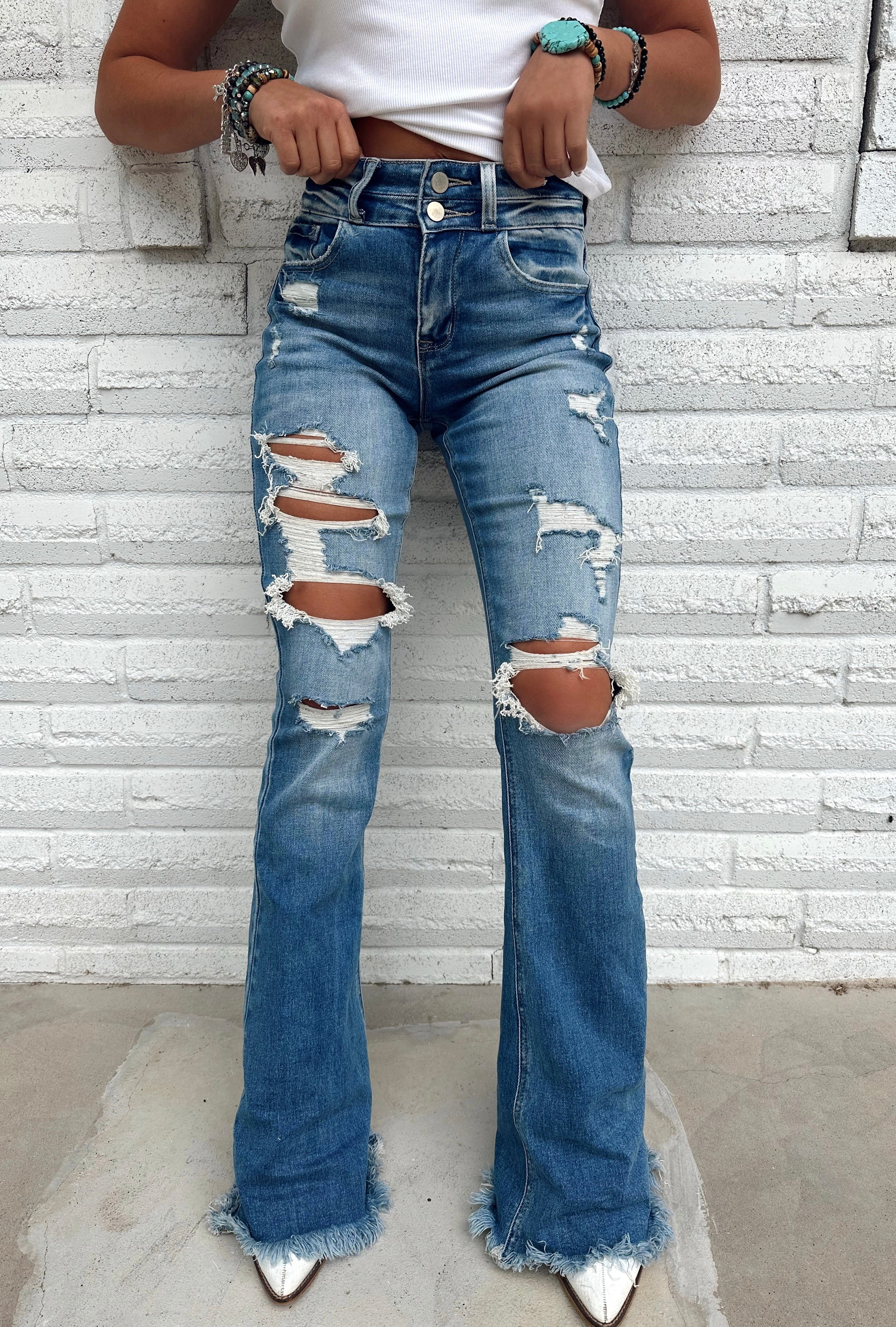 LIGHT WASH Route 507 Milestone Distressed Denim Flare Jeans
