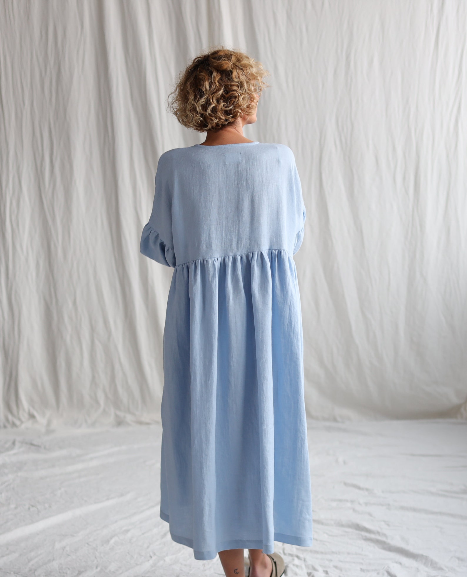 Light Blue Oversized Linen-Blend Midi Dress