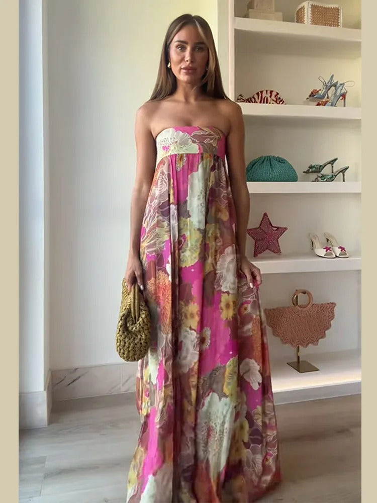 Strapless Floral Chiffon Maxi Dress