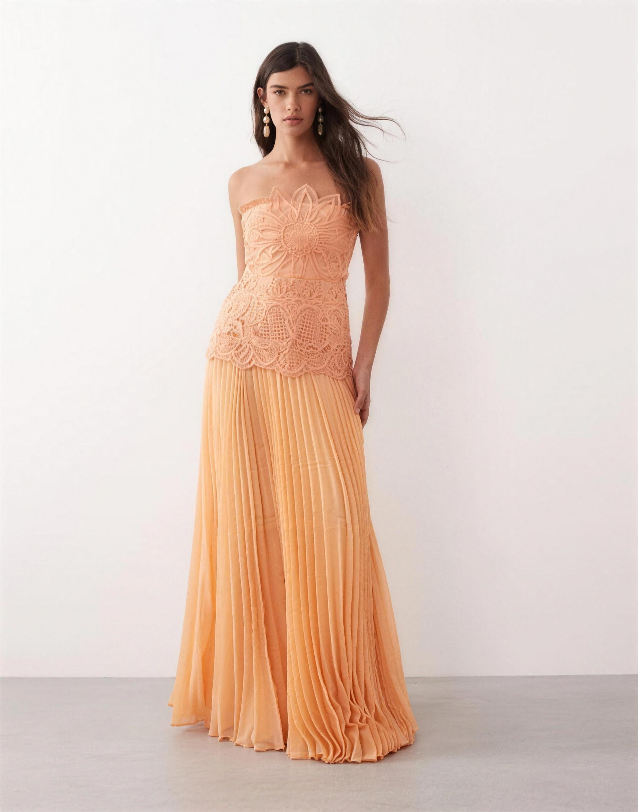Peach Lace & Pleat Strapless Maxi Dress