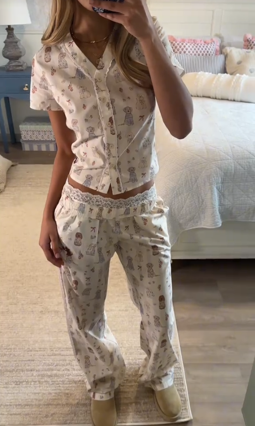 Super Soft Pajamas with Waistband Turnover Exposing Lace