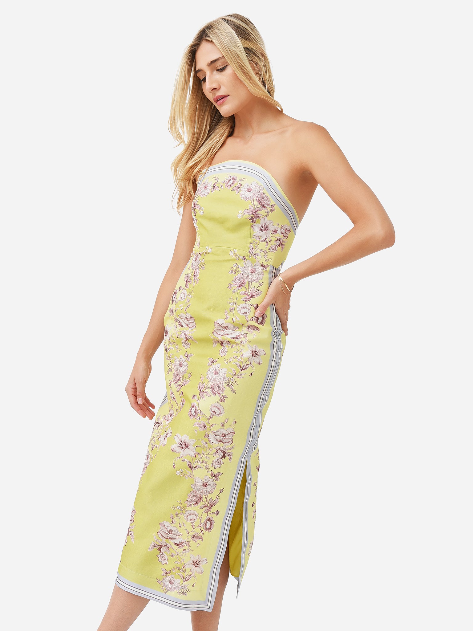 Lemon Yellow Floral Strapless Midi Dress