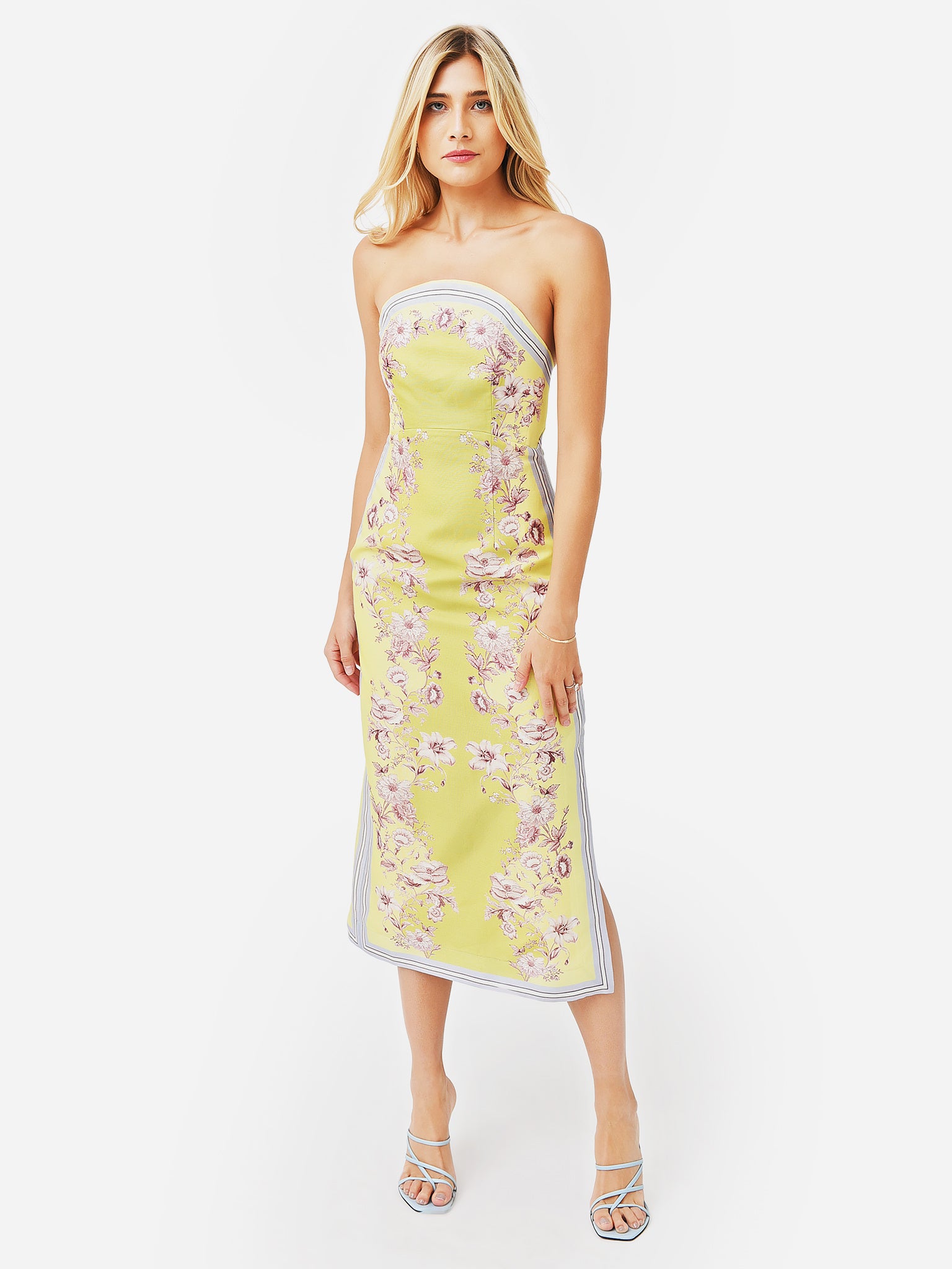 Lemon Yellow Floral Strapless Midi Dress