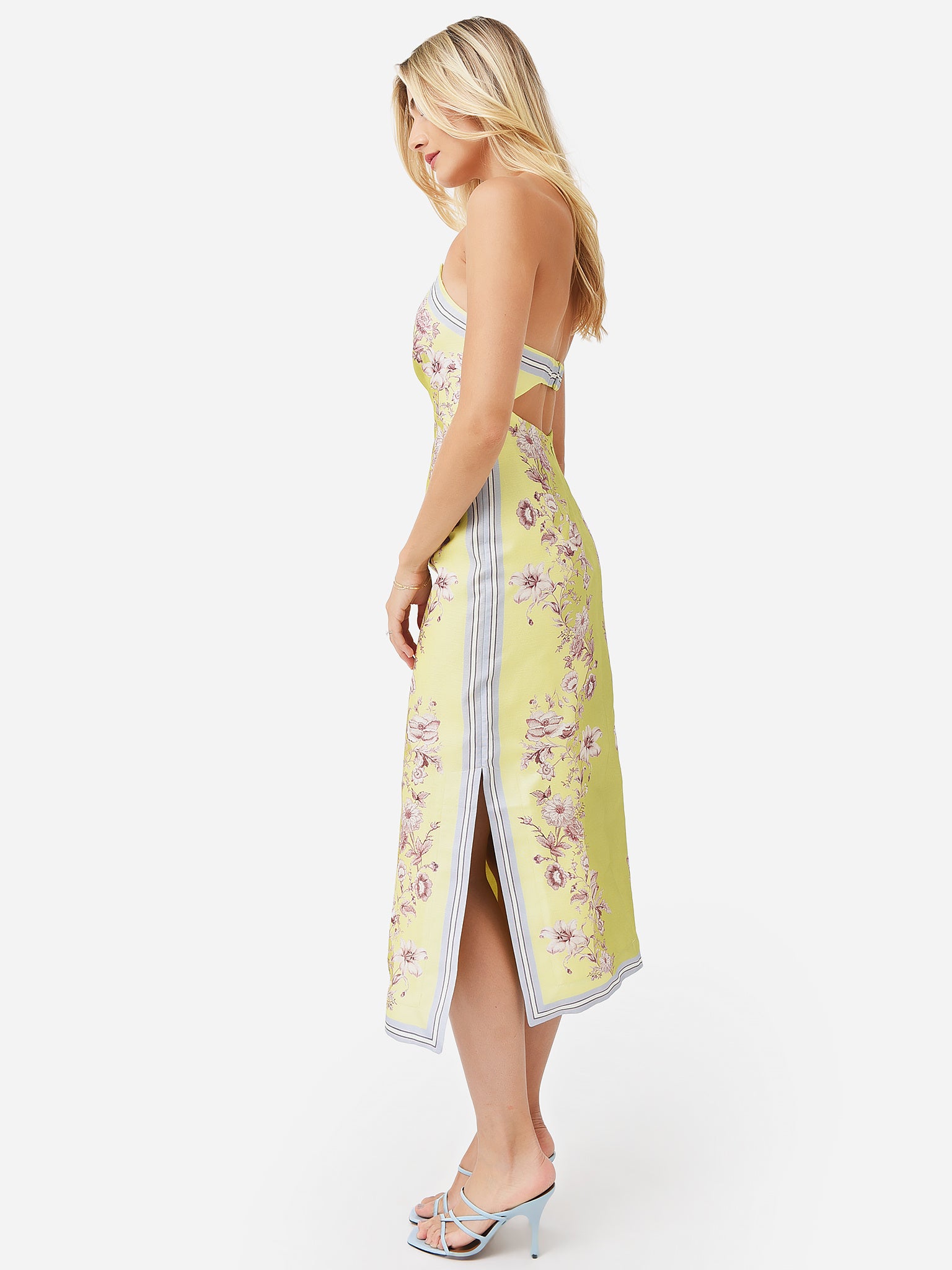 Lemon Yellow Floral Strapless Midi Dress
