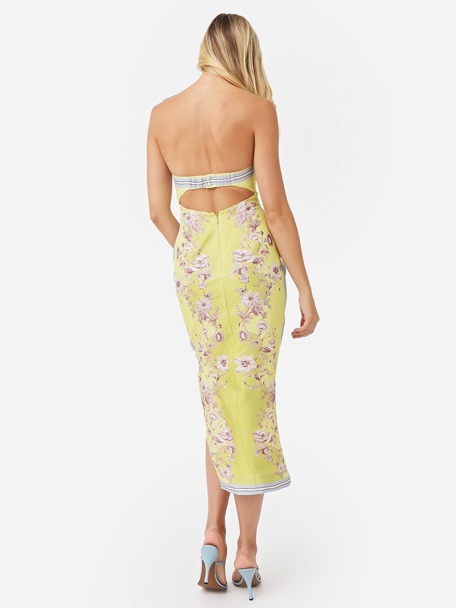 Lemon Yellow Floral Strapless Midi Dress