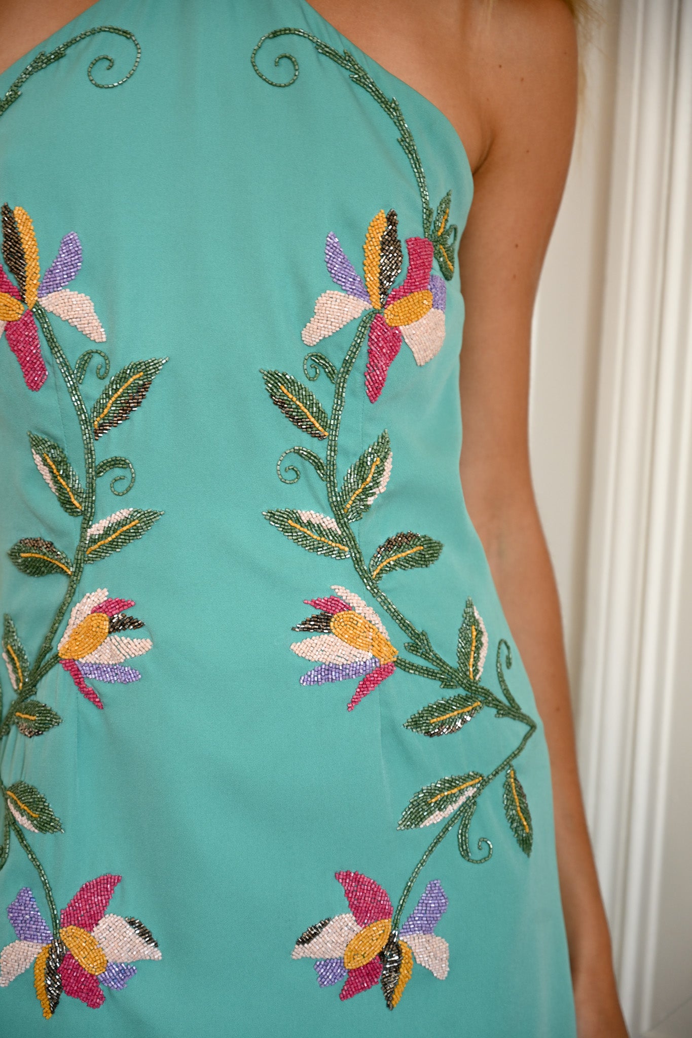 Turquoise Halter Floral Embroidered Mini Dress